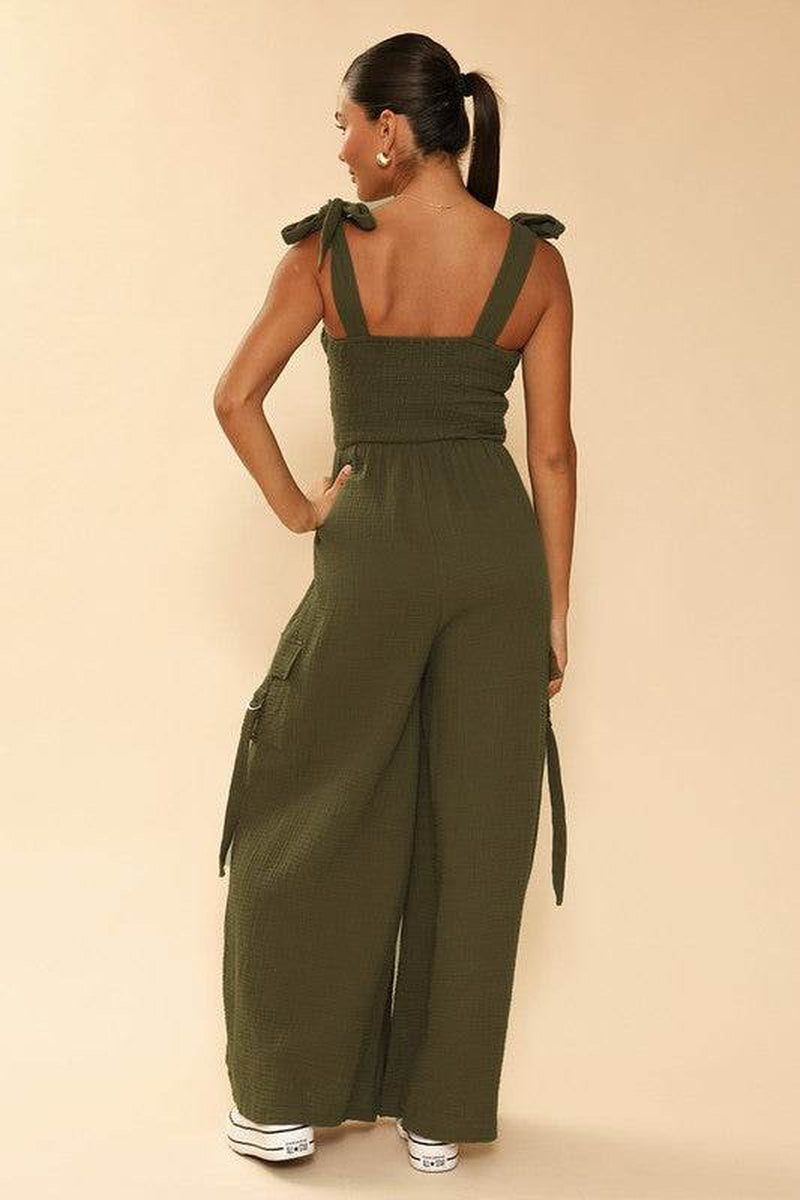 Wide Leg Cargo Pants Womens - Exclusive Smocked Jumpsuit with Pockets