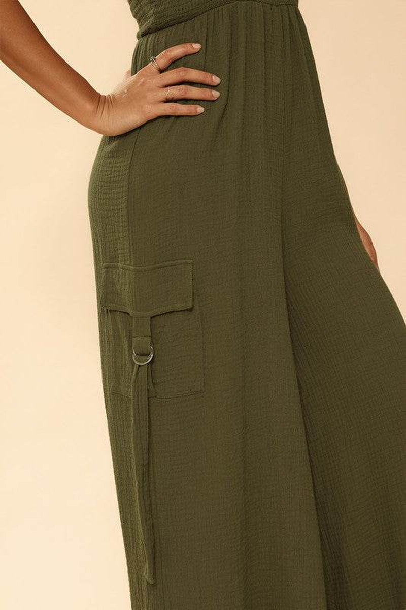 Wide Leg Cargo Pants Womens - Exclusive Smocked Jumpsuit with Pockets
