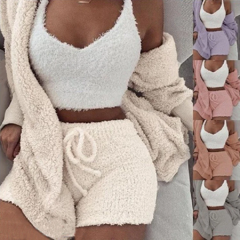 Long Sleeve Shirts Women - Stylish 3-Piece Pajama Set with Drawstring Shorts