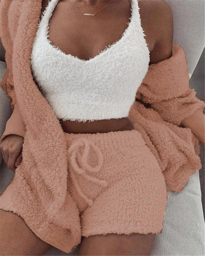 Long Sleeve Shirts Women - Stylish 3-Piece Pajama Set with Drawstring Shorts