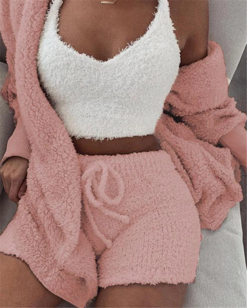 Long Sleeve Shirts Women - Stylish 3-Piece Pajama Set with Drawstring Shorts