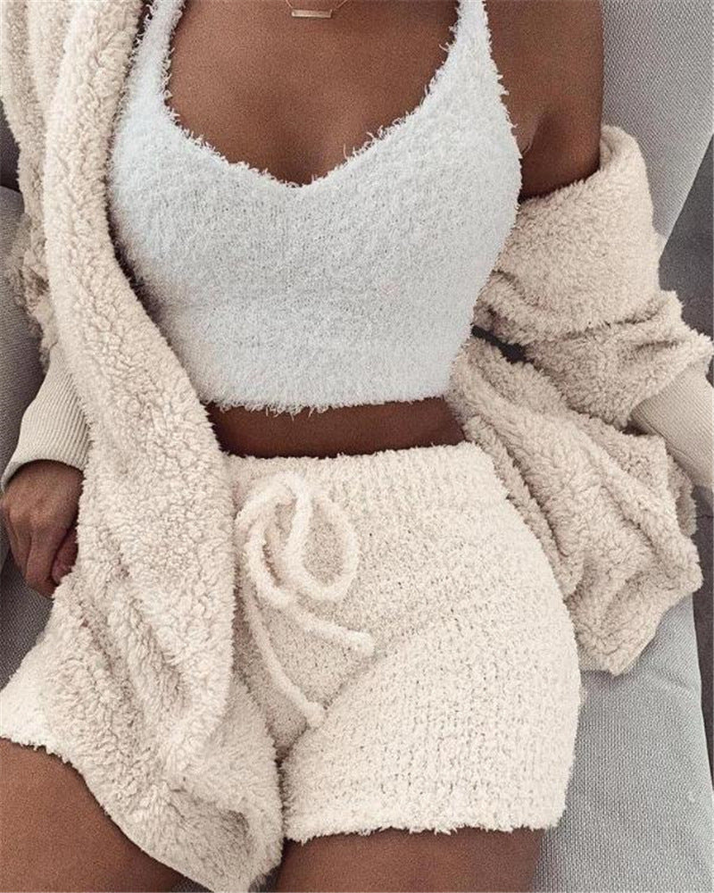 Long Sleeve Shirts Women - Stylish 3-Piece Pajama Set with Drawstring Shorts