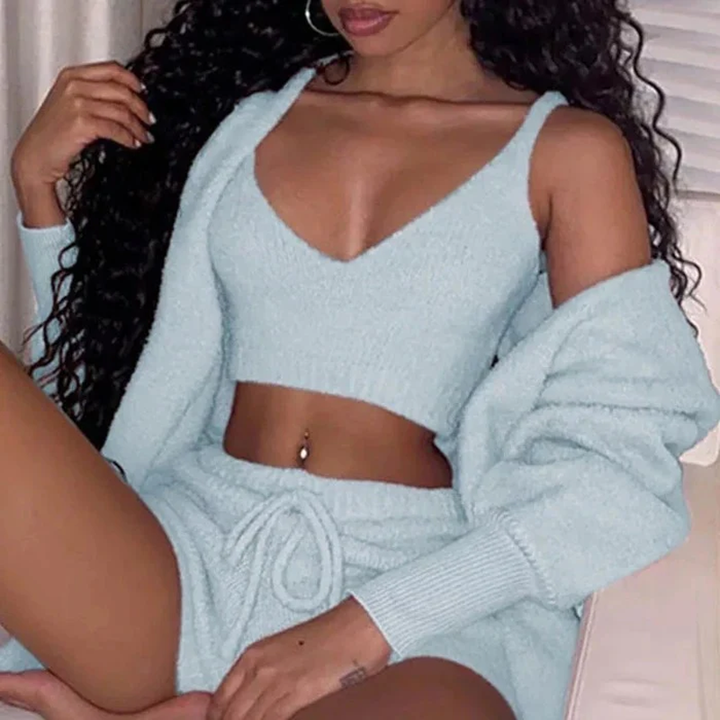 Long Sleeve Shirts Women - Stylish 3-Piece Pajama Set with Drawstring Shorts