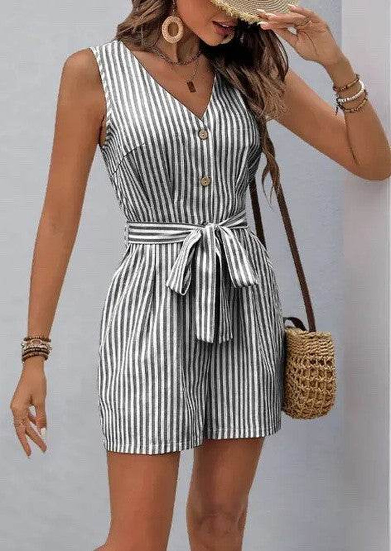V-neckline Sleeveless Striped Tie-Waist Romper - Chic & Comfortable Style