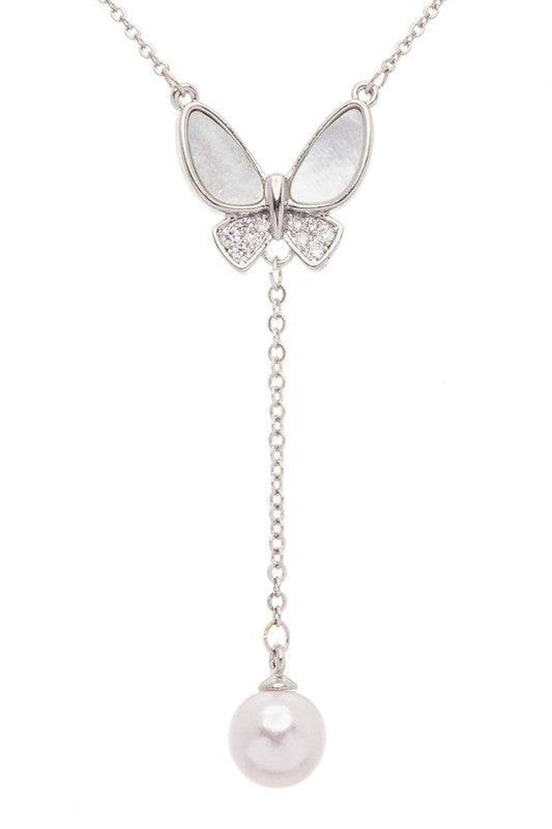 MOP Butterfly Pearl Drop Pendant Necklace