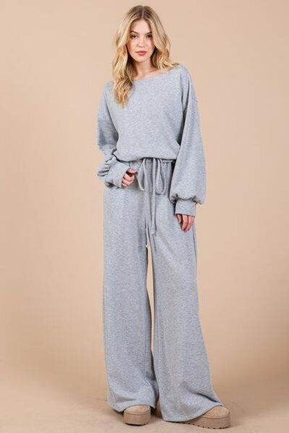 Ces Femme Boat Neck Long Sleeve Jumpsuit with Drawstring Detail