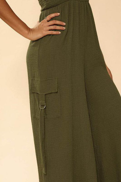 Wide Leg Cargo Pants Womens - Exclusive Smocked Jumpsuit with Pockets