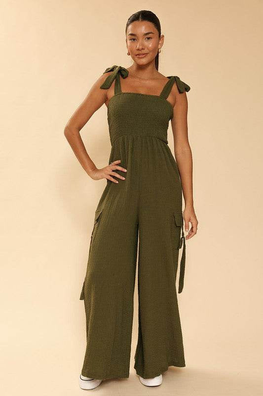 Wide Leg Cargo Pants Womens - Exclusive Smocked Jumpsuit with Pockets
