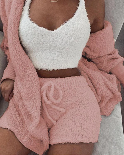 Long Sleeve Shirts Women - Stylish 3-Piece Pajama Set with Drawstring Shorts