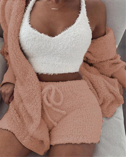 Long Sleeve Shirts Women - Stylish 3-Piece Pajama Set with Drawstring Shorts