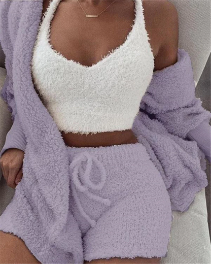 Long Sleeve Shirts Women - Stylish 3-Piece Pajama Set with Drawstring Shorts