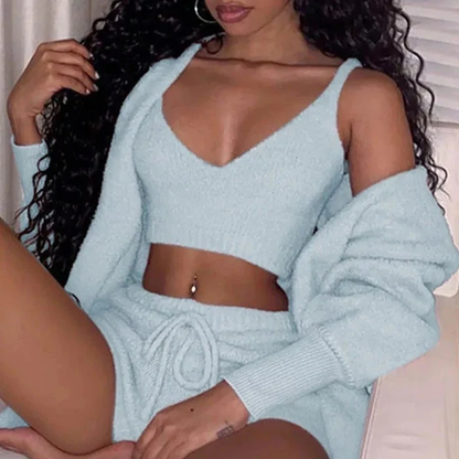 Long Sleeve Shirts Women - Stylish 3-Piece Pajama Set with Drawstring Shorts