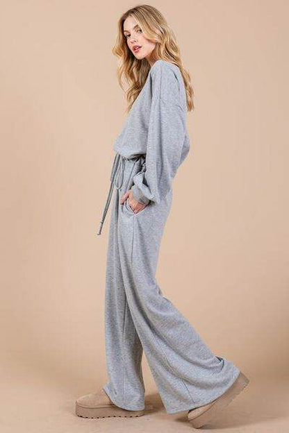 Ces Femme Boat Neck Long Sleeve Jumpsuit with Drawstring Detail