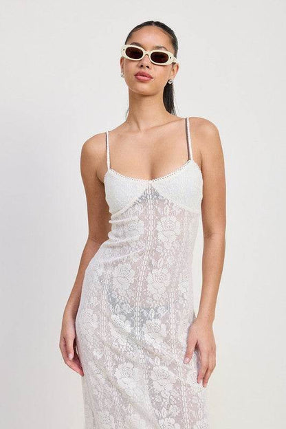 SPAGHETTI STRAP LACE MIDI DRESS