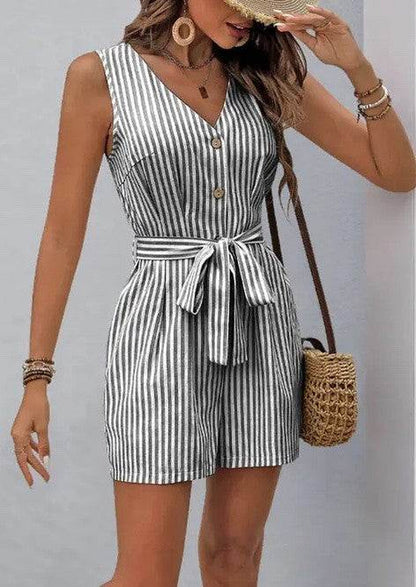 V-neckline Sleeveless Striped Tie-Waist Romper - Chic & Comfortable Style