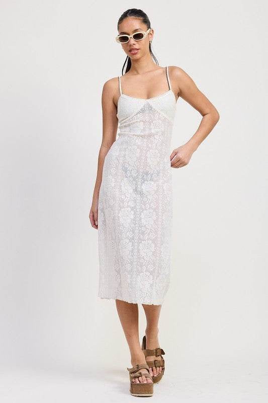 SPAGHETTI STRAP LACE MIDI DRESS
