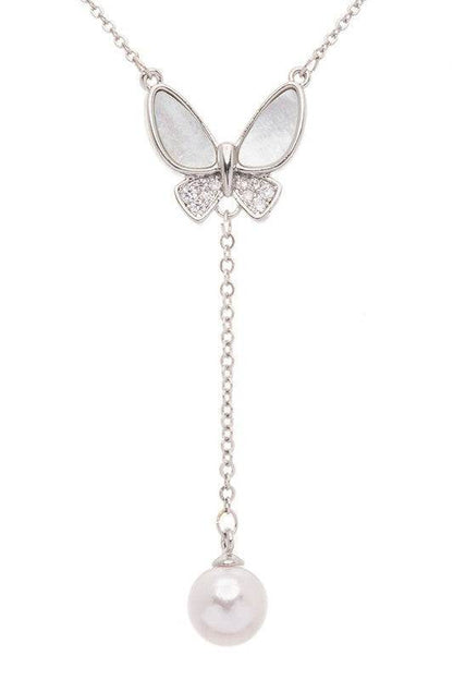 MOP Butterfly Pearl Drop Pendant Necklace