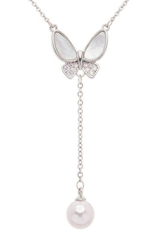 MOP Butterfly Pearl Drop Pendant Necklace