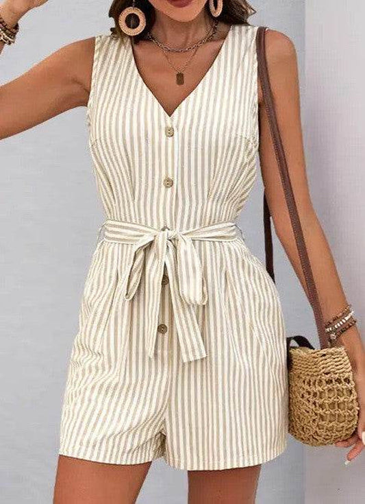 V-neckline Sleeveless Striped Tie-Waist Romper - Chic & Comfortable Style