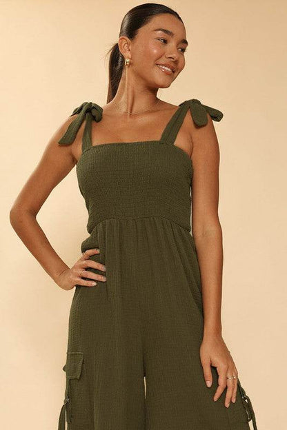 Wide Leg Cargo Pants Womens - Exclusive Smocked Jumpsuit with Pockets